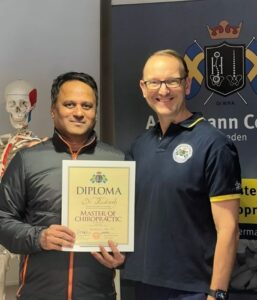 Europe-Certified Chiropractor Dr. Rudresh's Ackermann College Diploma & Certification, Bangalore, India