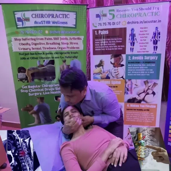 Dr. Rudresh, Europe-Certified Chiropractor, performing a cervical spinal adjustment for chronic neck pain and 'Tech Neck' relief in Bangalore